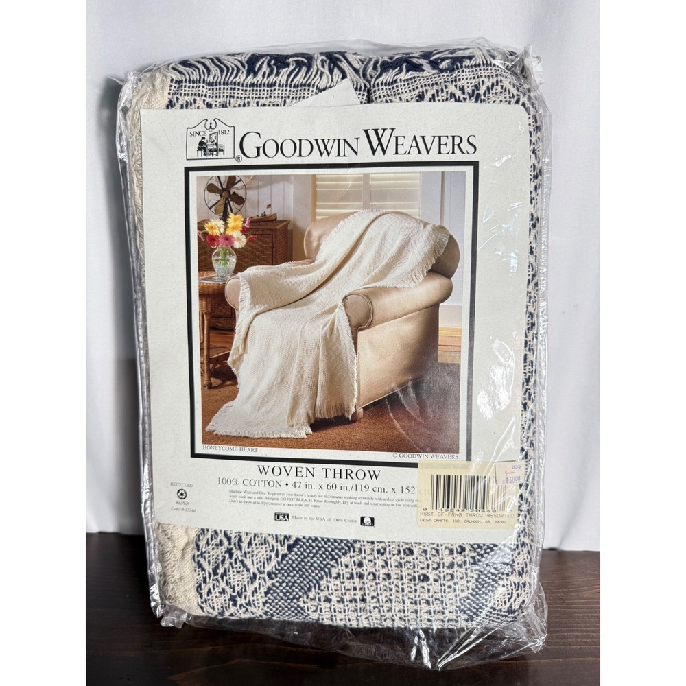 Goodwin Weavers‎ Honeycomb Heart Woven Throw Blanket Navy Blue Cream 47x60 NEW